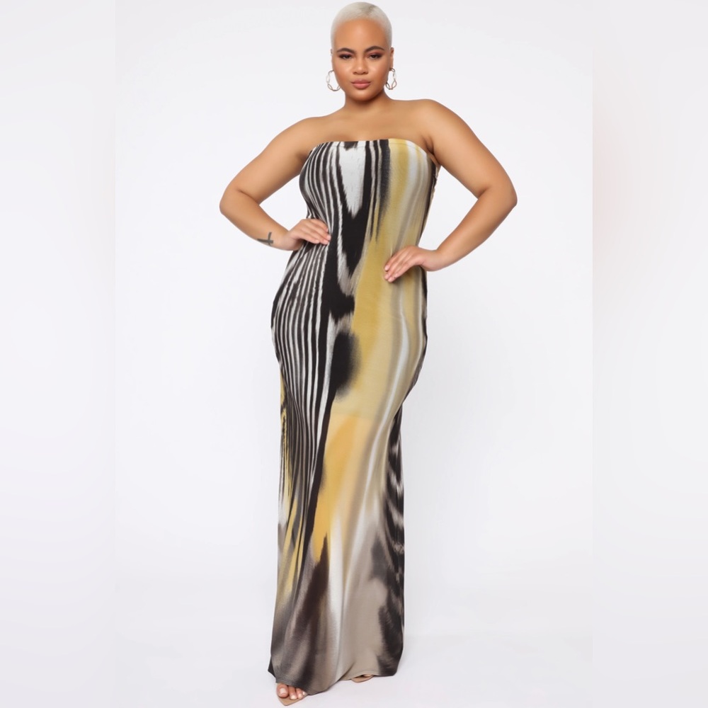 Fashion Nova Strapless Maxi Dress - Black, Yellow, Cream